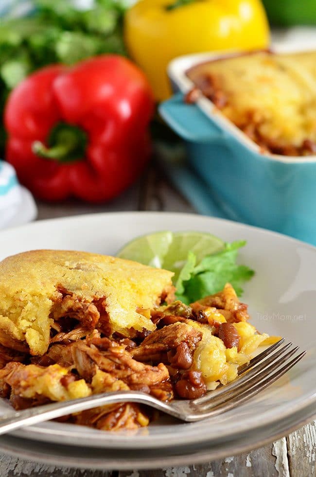 Delicious Cornbread BBQ Chicken Pot Pie. Grill chicken indoors for a taste of summer in the winter!! Good and easy comfort food! Recipe at TidyMom.net