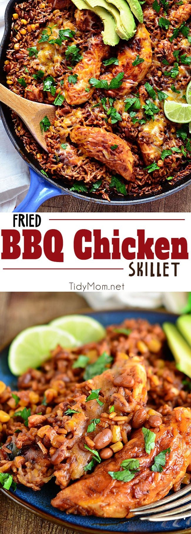 Fried BBQ Chicken Skillet dinner blends barbecue sauce, chicken, baked beans, corn and rice to create a satisfying meal that’s ready in 30 minutes. Set with a cozy dinner table and playlist and it's the perfect, weeknight recipe for families. Find the recipe at Tidymom.net