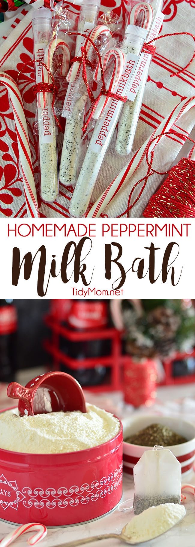 Milk has many beauty benefits. A simple milk bath can moisturize and soften your skin. With just a few ingredients, it makes an easy homemade gift. Homemade Peppermint Milk Bath recipe and gifting ideas at TidyMom.net