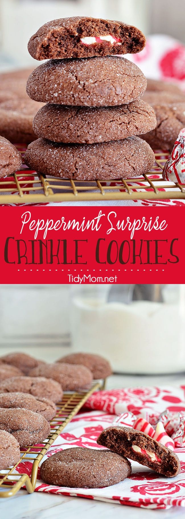 Super soft chocolate cookies hold a peppermint kiss in the center in these Peppermint Surprise Crinkle Cookies. Printable recipe at TidyMom.net