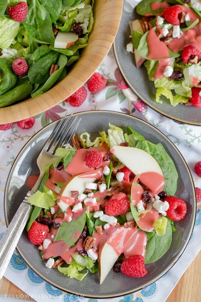 Raspberry Pear Salad with Homemade Raspberry Vinaigrette perfect for a Valentine’s Day Dinner Meal Plan