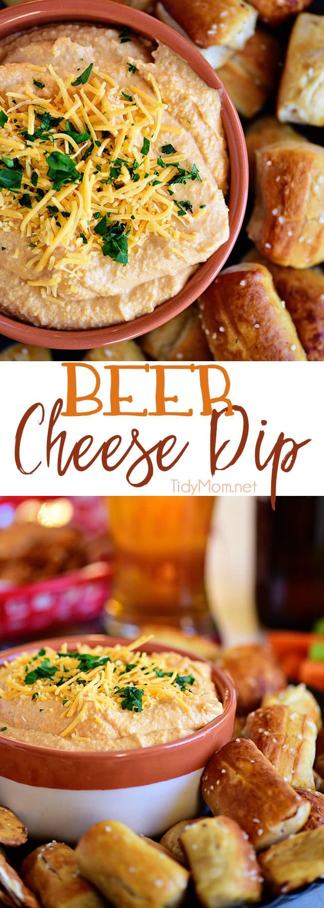 Pub-style Beer Cheese Dip in bowl photo collage
