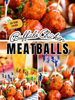 buffalo chicken meatballs on a tray with toothpicks