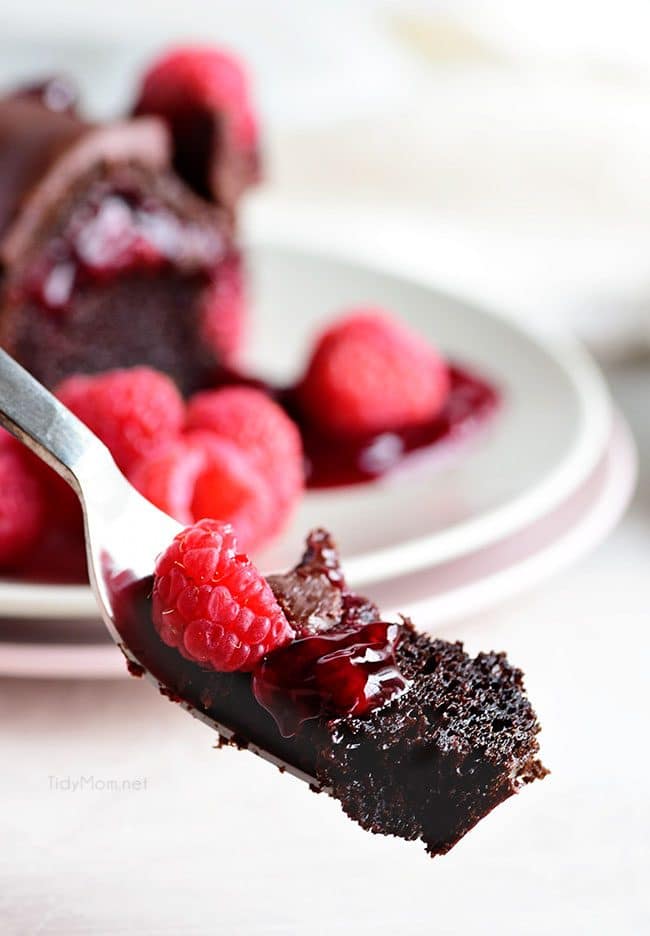 A bite of delicious Chocolate Raspberry Bundt Cake on a fork