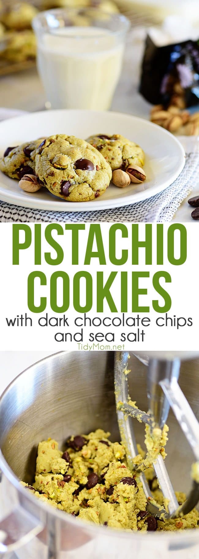 Pistachio cookies are sure to become a favorite! Perfect for St. Patricks Day, Easter, Christmas or any day. These deliciously soft pudding cookies are buttery and salty with dark chocolate chunks that pairs perfectly with chopped pistachios. I bet you can’t eat just one! Get the full printable recipe at TidyMom.net