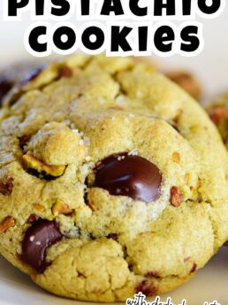 close up of pistachio green cookie with chocolate chunks