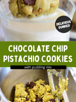 pistachio cookie collage - mixing cookie dough and dunking baked cookies