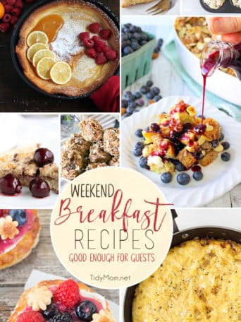 I'll never pass up good breakfast. Whether it's brunch, or breakfast for dinner, these weekend breakfast recipes are easy, yet good enough for guests! Get all the recipes and details at TidyMom.net