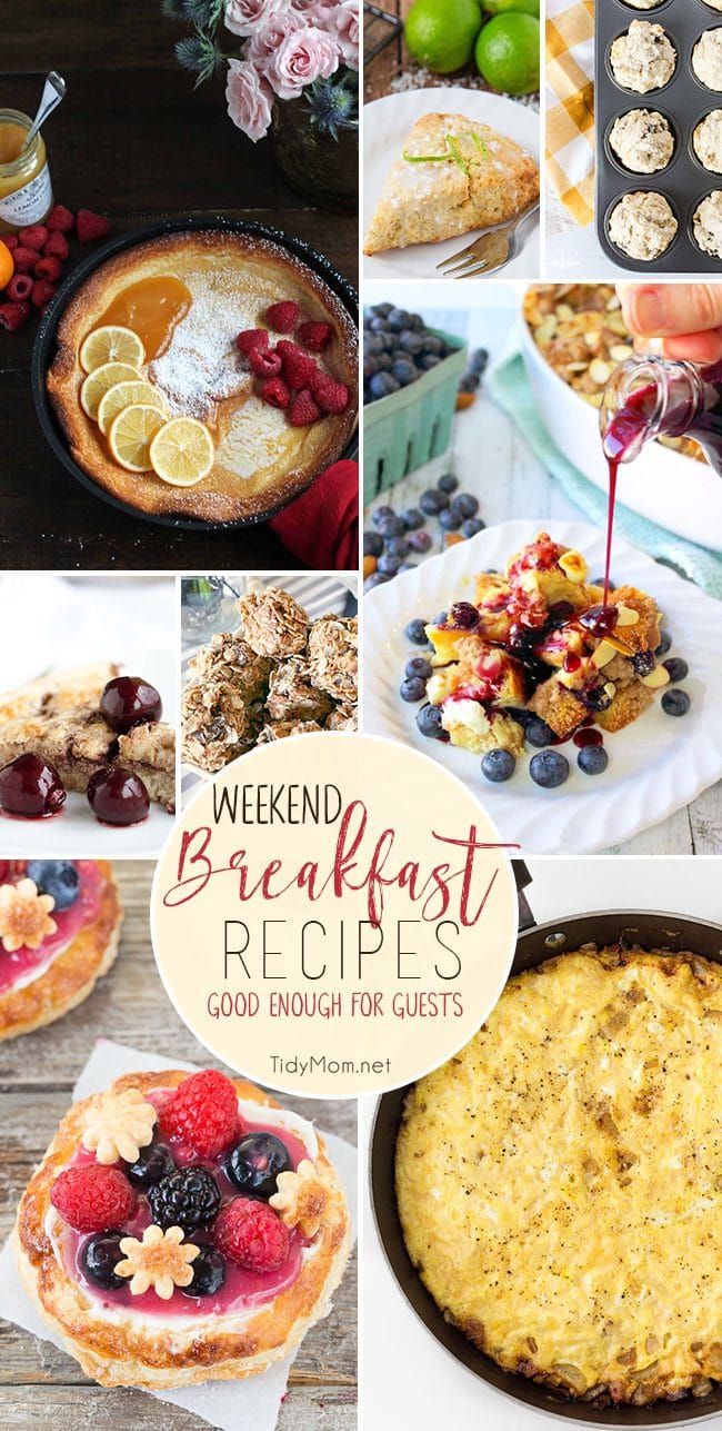 I'll never pass up good breakfast. Whether it's brunch, or breakfast for dinner, these weekend breakfast recipes are easy, yet good enough for guests! Get all the recipes and details at TidyMom.net