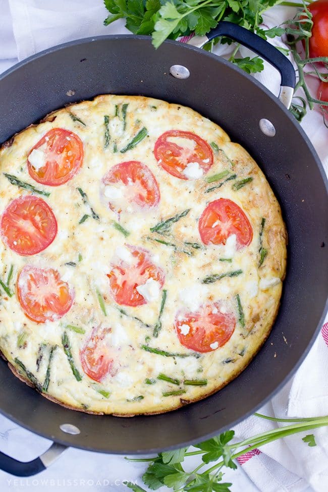 Mother’s Day Brunch Meal Plan recipes, printables and decor at TidyMom.net - Asparagus, Tomato and Goat Cheese Frittata recipe