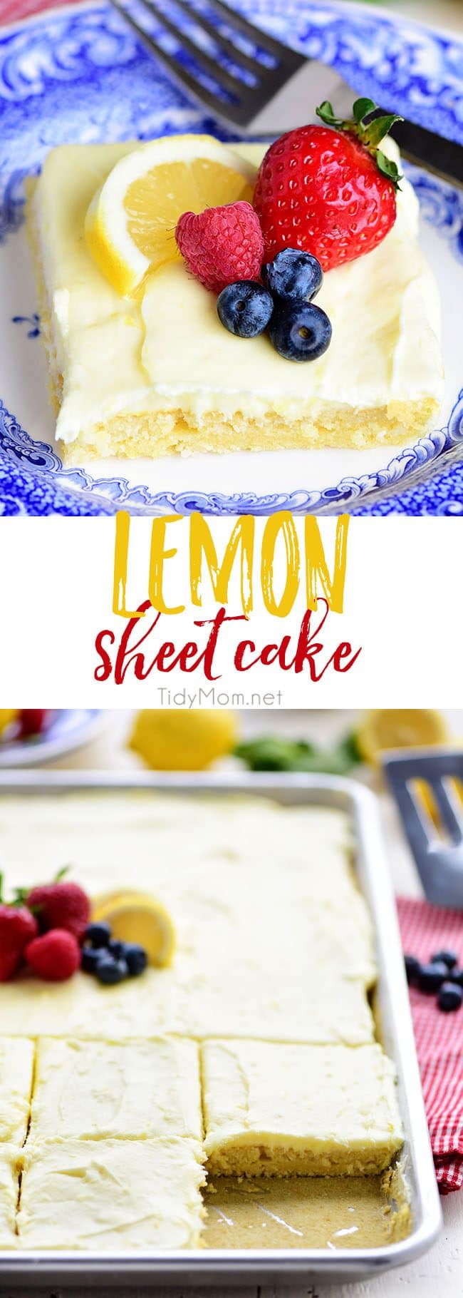 This no-fuss lemon sheet cake is super moist and makes a wonderful spring or summer dessert that easily feeds a crowd. It may not be a fancy cake, but each slice is pure lemon bliss! print full recipe at TidyMom.net