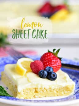 This no-fuss lemon sheet cake is super moist and makes a wonderful spring or summer dessert that easily feeds a crowd. It may not be a fancy cake, but each slice is pure lemon bliss! print full recipe at TidyMom.net