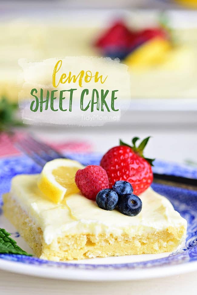 This no-fuss lemon sheet cake is super moist and makes a wonderful spring or summer dessert that easily feeds a crowd. It may not be a fancy cake, but each slice is pure lemon bliss! print full recipe at TidyMom.net