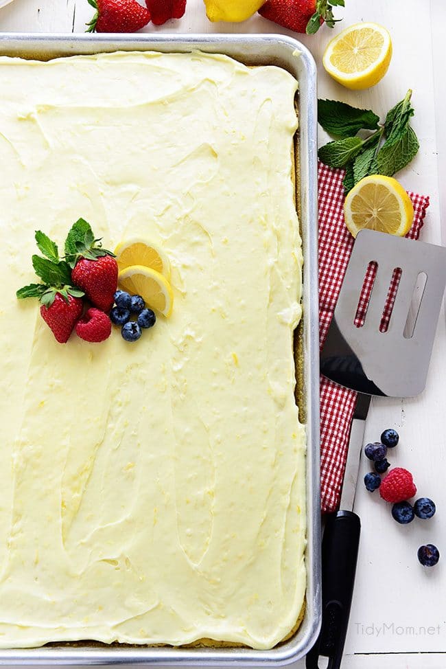 This no-fuss lemon sheet cake is super moist and makes a wonderful spring or summer dessert that easily feeds a crowd. It may not be a fancy cake, but each slice is pure lemon bliss! print full recipe at TidyMom.net