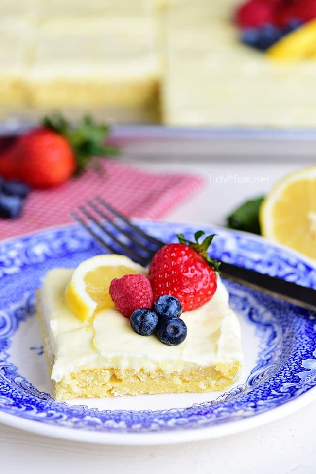 This no-fuss lemon sheet cake is super moist and makes a wonderful spring or summer dessert that easily feeds a crowd. It may not be a fancy cake, but each slice is pure lemon bliss! print full recipe at TidyMom.net