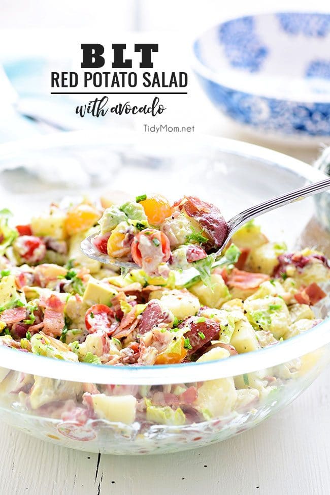 This easy Red Potato Salad has an avocado ranch dressing along with bacon, lettuce and tomato! It’s a simple crowd-pleasing side dish for any size gathering. Print this BLT Red Potato Salad with Avocado recipe at TidyMom.net