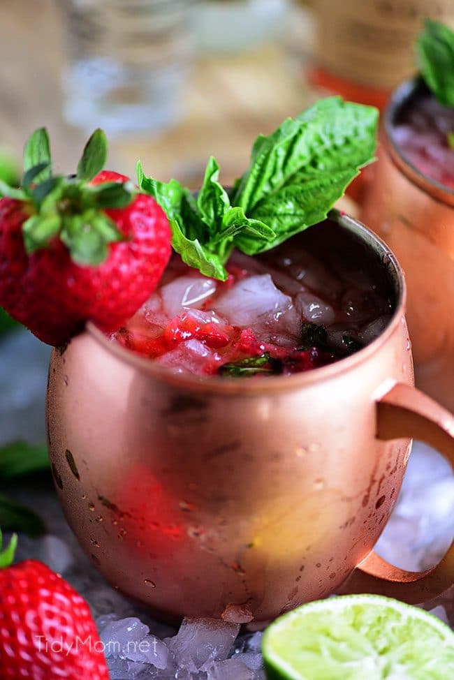 Strawberry Basil Moscow Mule is the perfect summer cocktail. Made like a traditional Moscow Mule with vodka, ginger beer and lime, with the addition of muddled fresh juicy strawberries and basil. Print the recipe at TidyMom.net