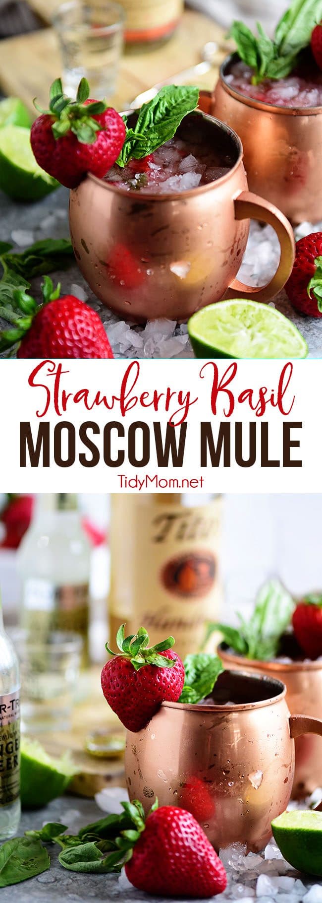 Strawberry Basil Moscow Mule is the perfect summer cocktail. Made like a traditional Moscow Mule with vodka, ginger beer and lime, with the addition of muddled fresh strawberries and basil. Print the recipe at TidyMom.net