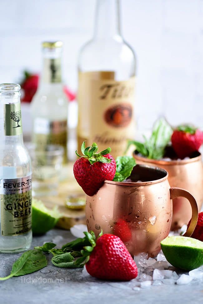 Strawberry Basil Moscow Mule is the perfect summer cocktail. Made like a traditional Moscow Mule with vodka, ginger beer and lime, with the addition of muddled fresh juicy strawberries and basil. Print the recipe at TidyMom.net Delicious!