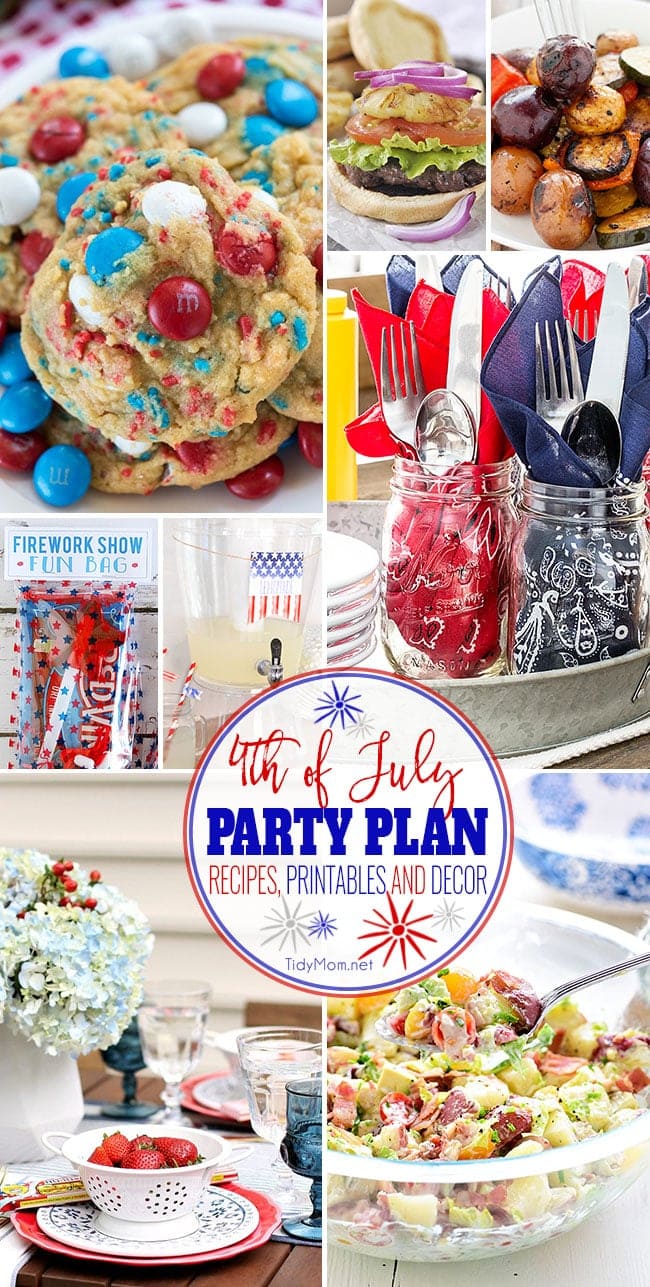 4th of July Party Plan! From appetizers to red, white and blue desserts to free patriotic printables and decor — you will find everything you need for a spectacular Independence Day Bash this summer! Get all these fourth of July ideas at TidyMom.net