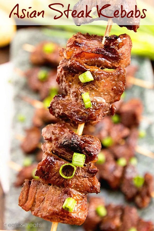 Summer Barbecue Meal Plan for Father’s Day! Tons of great ideas to celebrate Dad this Father’s Day, and any of these recipes would be great for a backyard barbecue this summer! Get recipes, printables and party decor at TidyMom.net - Asian Steak Kabobs