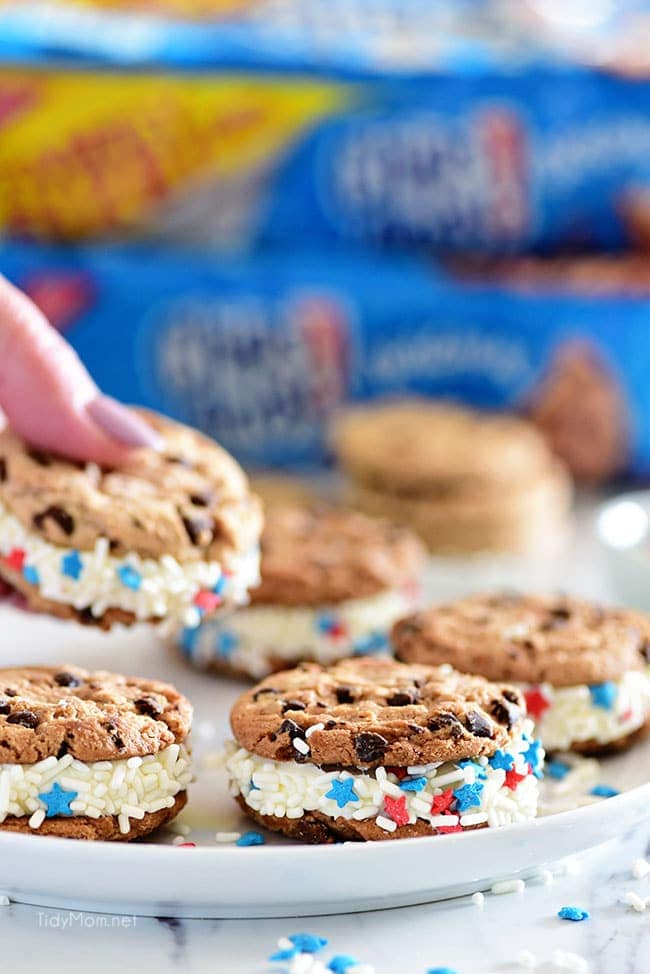 Easy Chocolate Chip Cookie Sandwich. Chips Ahoy Cookies, canned frosting and sprinkles are all you need for a quick fun party treat they will all love! Details at TidyMom.net