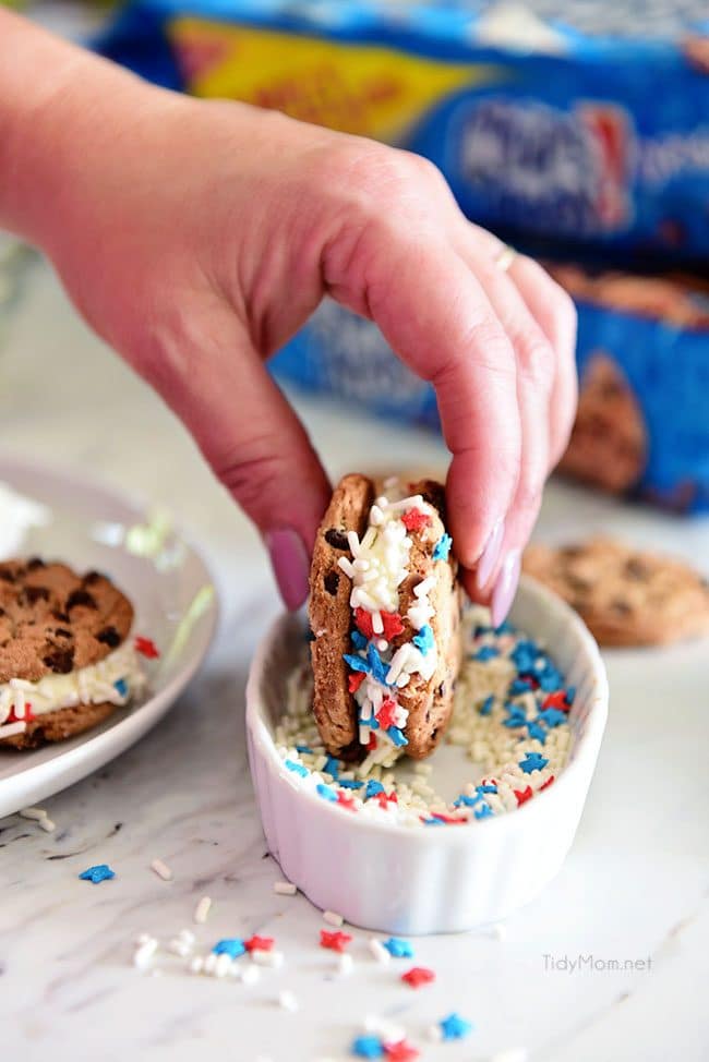 Easy Chocolate Chip Cookie Sandwich. Chips Ahoy Cookies, canned frosting and sprinkles are all you need for a quick fun party treat they will all love! Details at TidyMom.net