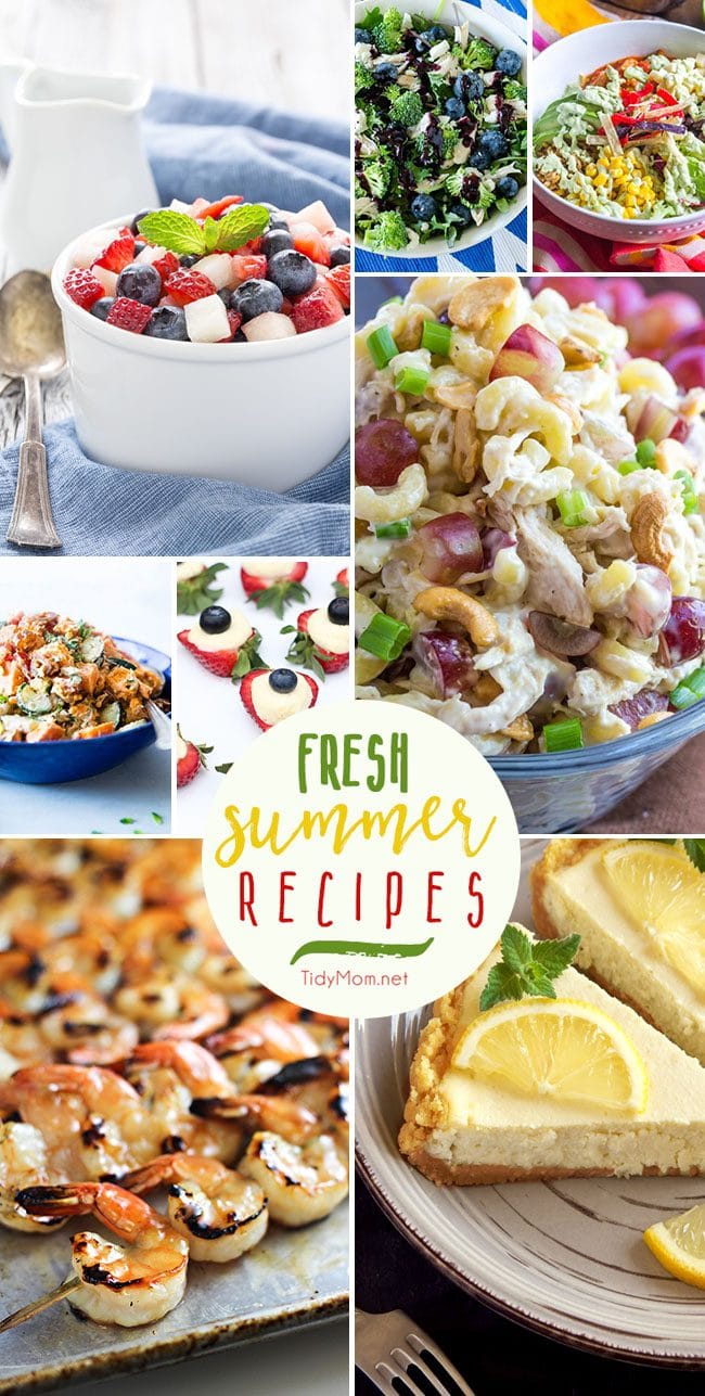 Picnic, bbq and outdoor party season begins this weekend and I can't wait! Summer celebrations are packed with family, friends, fun and Fresh Summer Recipes. From salads, to shrimp on the grill, lemon cheesecake and more they are all crowd pleasing recipes and you are going to love them. Recipes at TidyMom.net