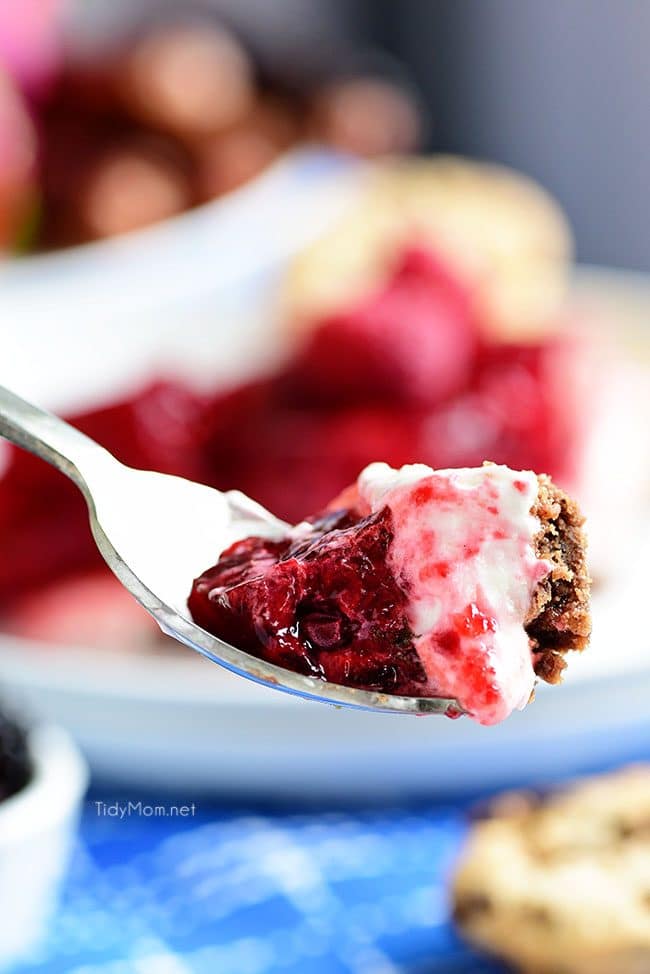 No-Bake Raspberry Cheesecake with Cookie Crust. Perfect make-ahead dessert fora summer BBQ or potluck Print the full recipe at TidyMom.net