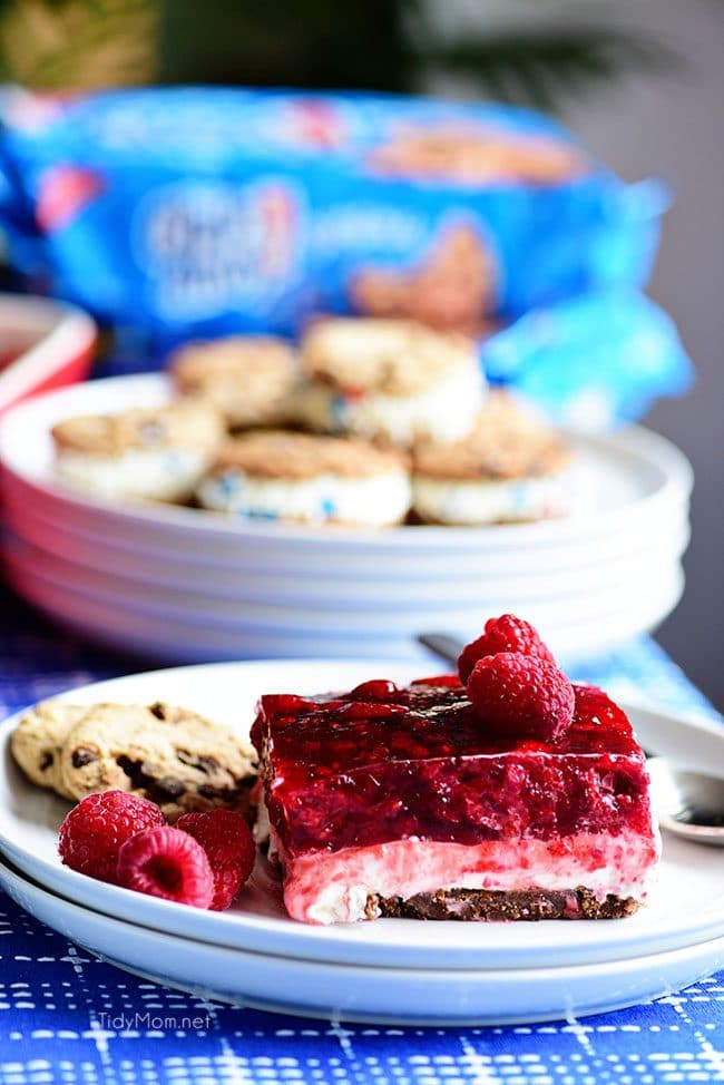 No-Bake Raspberry Cheesecake with Cookie Crust. Perfect make-ahead dessert fora summer BBQ or potluck Print the full recipe at TidyMom.net