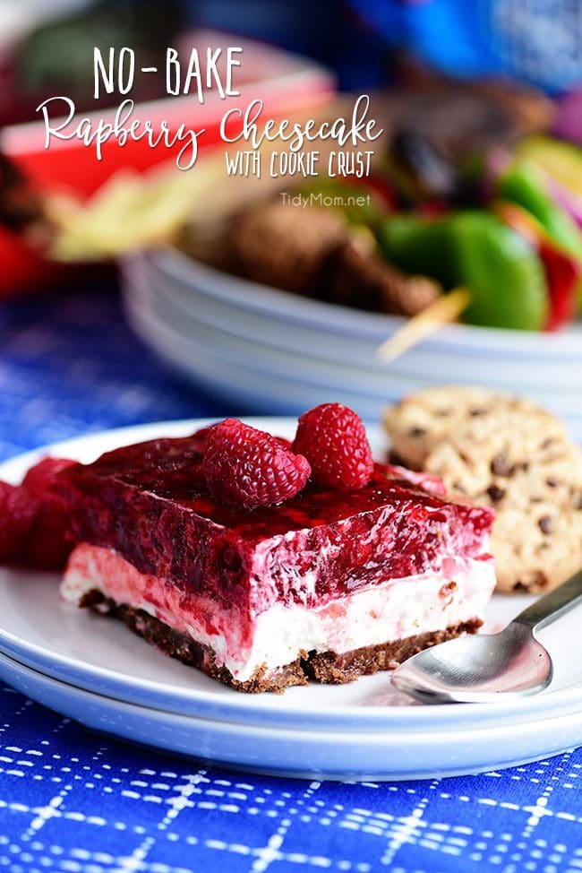 No-Bake Raspberry Cheesecake with Cookie Crust. Perfect make-ahead dessert fora summer BBQ or potluck Print the full recipe at TidyMom.net