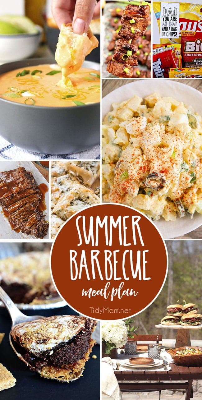 Summer Barbecue Meal Plan for Father’s Day! Tons of great ideas to celebrate Dad, or any backyard barbecue this summer! Get recipes, printables and party decor at TidyMom.net