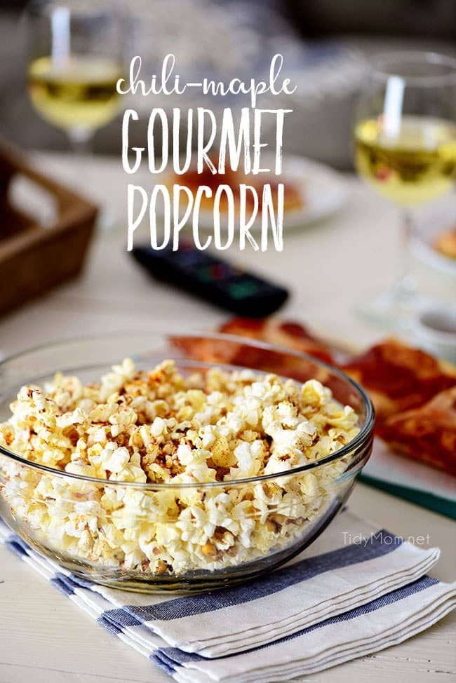 Pizza and Popcorn Movie Night. Make Gourmet Popcorn at home for a special treat. Oven-ready pizza, Sweet Heat Maple-Chili Popcorn, something to sip on and your favorite movie and you have a perfect date night at home. Print the gourmet popcorn recipe at TidyMom.net