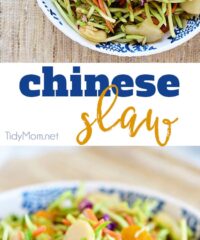 This flavorful and ridiculously easy Chinese Slaw is full of crunch and a perfect addition to summer menus. Your guests are sure to go back for seconds so do yourself a favor and make a double batch. Print recipe at TidyMom.net