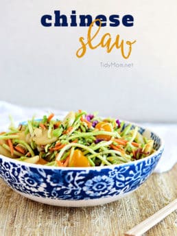 This flavorful and ridiculously easy Chinese Slaw is full of crunch and great to serve at a BBQ. Your guests are sure to go back for seconds so do yourself a favor and make a double batch. Print recipe at TidyMom.net
