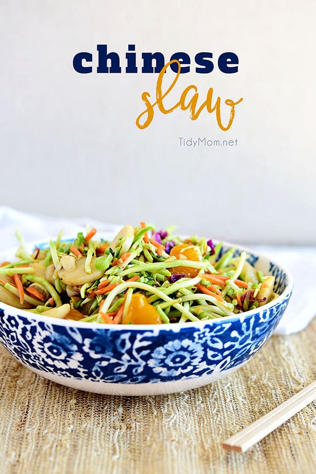 This flavorful and ridiculously easy Chinese Slaw is full of crunch and great to serve at a BBQ. Your guests are sure to go back for seconds so do yourself a favor and make a double batch. Print recipe at TidyMom.net
