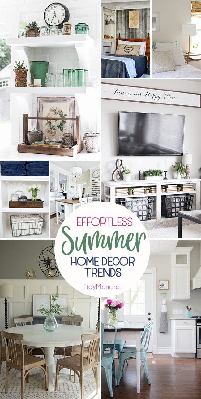 Summer is warm, bright, relaxed days followed by cool, easy, nights. Bring that laid-back feeling to your decor with these Effortless Summer Decor Home Trends. Details at TidyMom.net