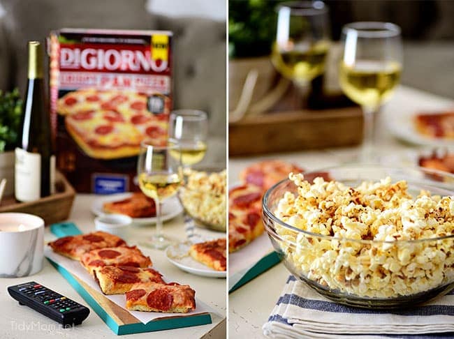 Pizza and Popcorn Movie Night. Make Gourmet Popcorn at home for a special treat. Oven-ready pizza, Sweet Heat Maple-Chili Popcorn, something to sip on and your favorite movie and you have a perfect date night at home. Print the gourmet popcorn recipe at TidyMom.net