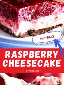 NO-BAKE RASPBERRY CHEESECAKE on a plate with a fork