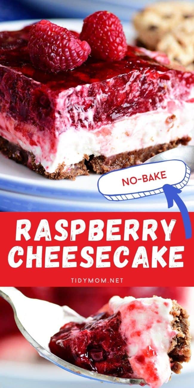 NO-BAKE RASPBERRY CHEESECAKE on a plate with a fork