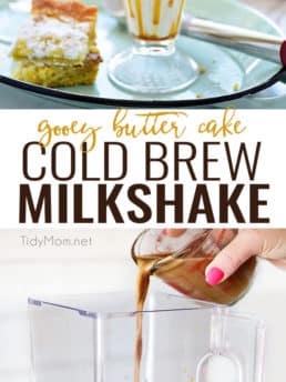 Creamy and delicious, a Gooey Butter Cake Cold Brew Milkshake is the perfect dessert or treat! This decadent cold brew milkshake tastes like a piece of gooey butter cake with a cup of coffee. Print the recipe at TidyMom.net