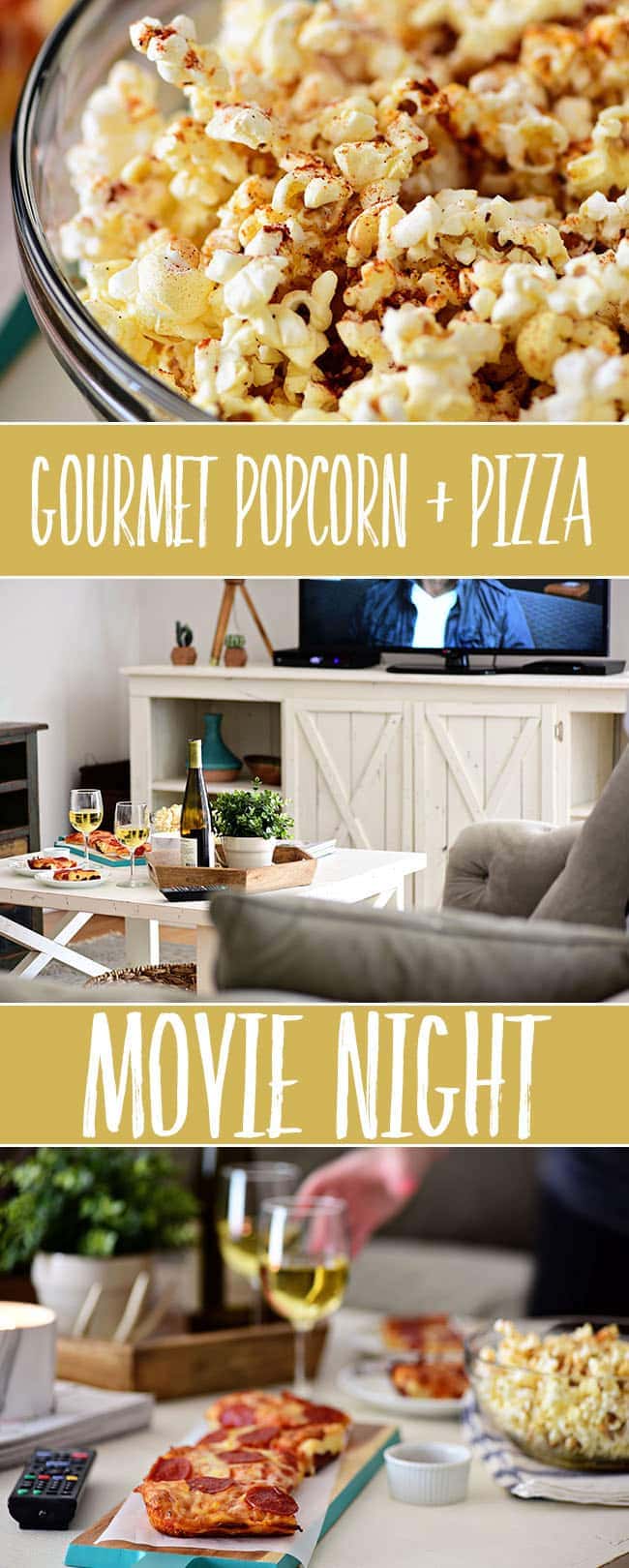 Pizza and Popcorn Movie Night. Make Gourmet Popcorn at home for a special treat. Oven-ready pizza, Sweet Heat Maple-Chili Popcorn, something to sip on and your favorite movie and you have a perfect date night at home. Print the gourmet popcorn recipe at TidyMom.net