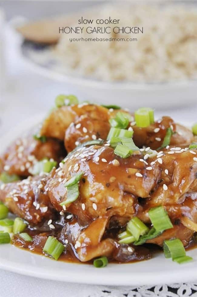 SLOW COOKER HONEY GARLIC CHICKEN from Your Homebased Mom — Find crafts, printables, recipes and more for a Back to School Meal Plan at TidyMom.net