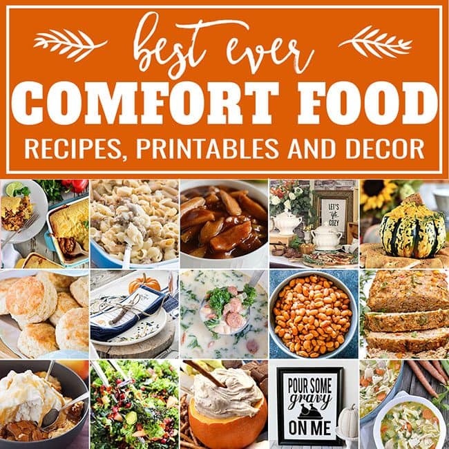 It’s Fall!! That means is comfort food season and time for delicious, hearty comforting recipes to keep your belly full .Get the Best Comfort Food Meal Plan from Crockpot Cinnamon Apples and BBQ Chicken Pot Pie Topped with Cornbread to Honey Buttermilk Biscuits and Pumpkin Cream Cheese Dip. Get more comfort food recipes + fun fall printables and party ideas, too at TidyMom.net