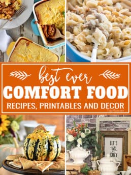 It’s Fall!! That means is comfort food season and time for delicious, hearty comforting recipes to keep your belly full .Get the Best Comfort Food Meal Plan from Crockpot Cinnamon Apples and BBQ Chicken Pot Pie Topped with Cornbread to Honey Buttermilk Biscuits and Pumpkin Cream Cheese Dip. Get more comfort food recipes + fun fall printables and party ideas, too at TidyMom.net