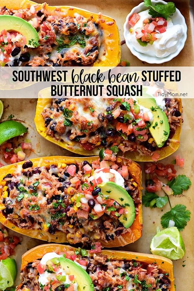 Southwest Black Bean Stuffed Butternut Squash with Bush’s Beans and TidyMom