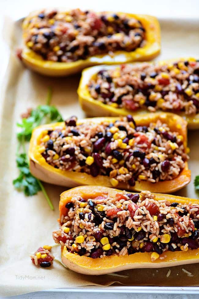 oven ready Southwest Black Bean Stuffed Butternut Squash with Bush’s Beans. Print recipe at TidyMom.net 