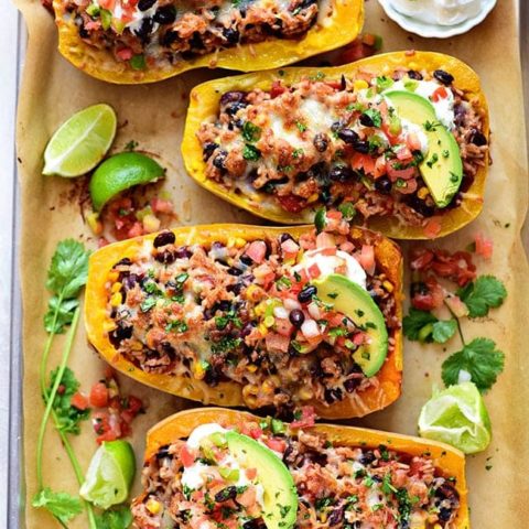 Delicious Southwest Black Bean Stuffed Butternut Squash with Bush’s Beans. Print recipe at TidyMom.net