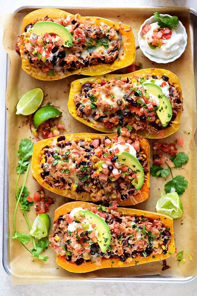 Delicious Southwest Black Bean Stuffed Butternut Squash with Bush’s Beans. Print recipe at TidyMom.net 