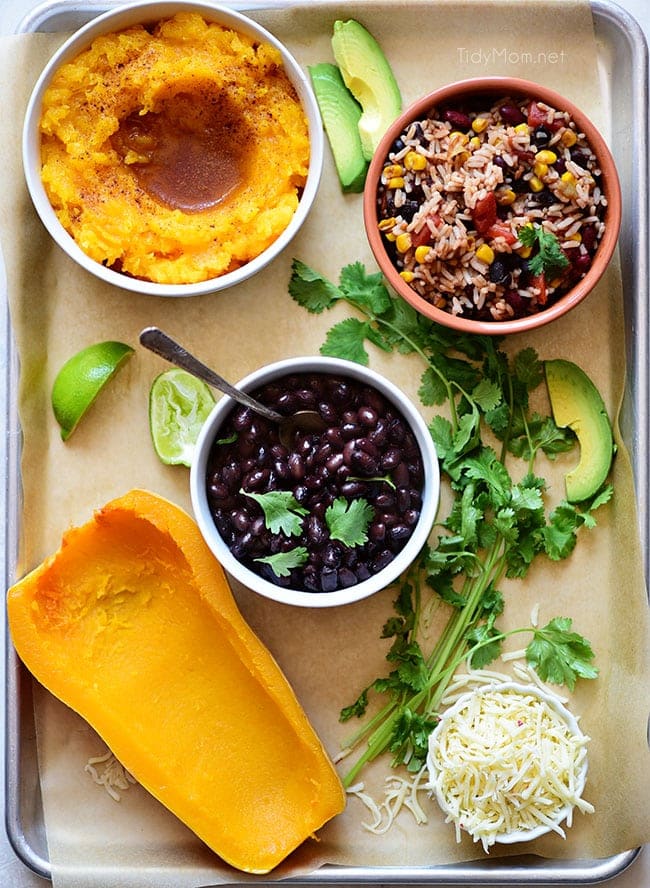 Southwest Black Bean Stuffed Butternut Squash on tray